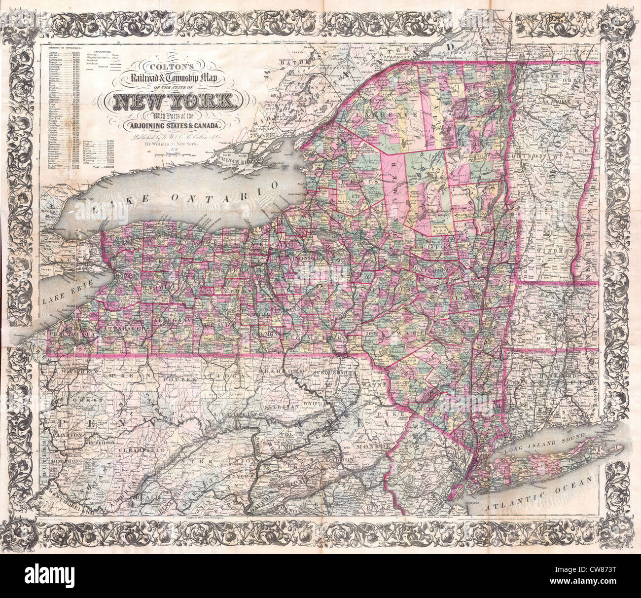1876 Colton Railroad Pocket Mappa dello Stato di New York Foto Stock