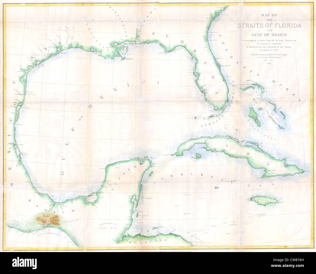 Questa mappa di Andrews del 1852 raffigura la Florida, Cuba e il Golfo del Messico, mostrando le prime cartografie della regione. Offre una visione storica della comprensione geografica dell'area durante il XIX secolo. Foto Stock