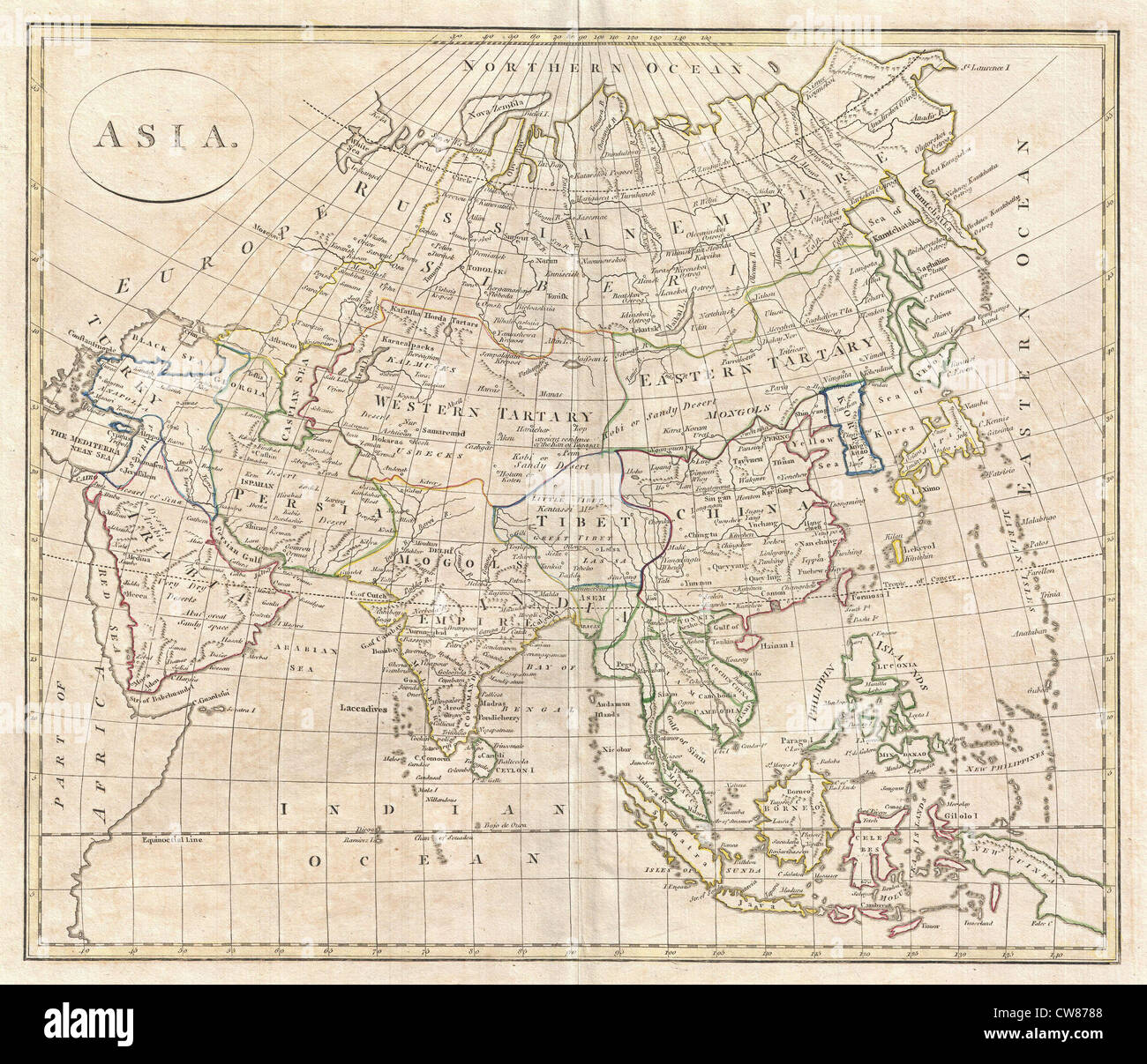 La mappa dell'Asia di Clement Cruttwell del 1799 è un importante documento storico che descrive la comprensione geografica del continente durante la fine del XVIII secolo. Mette in evidenza le divisioni politiche e territoriali dell'Asia, comprese le regioni chiave e le rotte commerciali. Foto Stock
