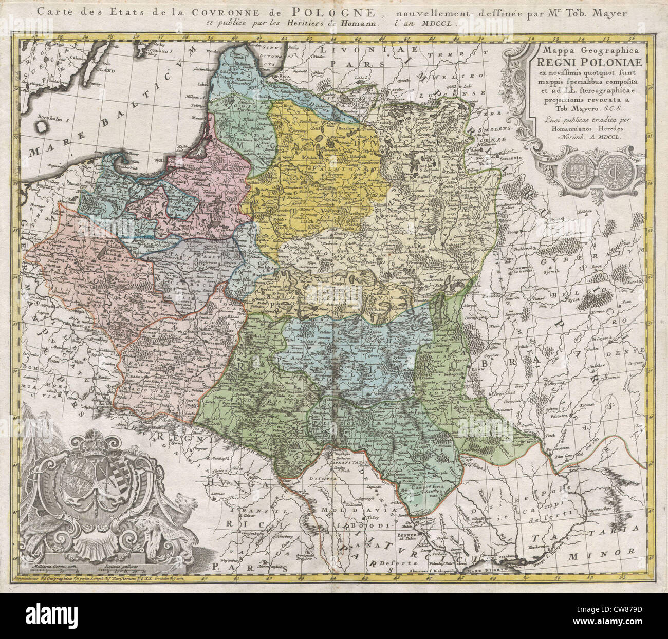 Un'antica mappa della Polonia del 1750, creata dagli eredi Homann. Questa mappa fornisce una visione storica della geografia della regione durante il XVIII secolo. Foto Stock