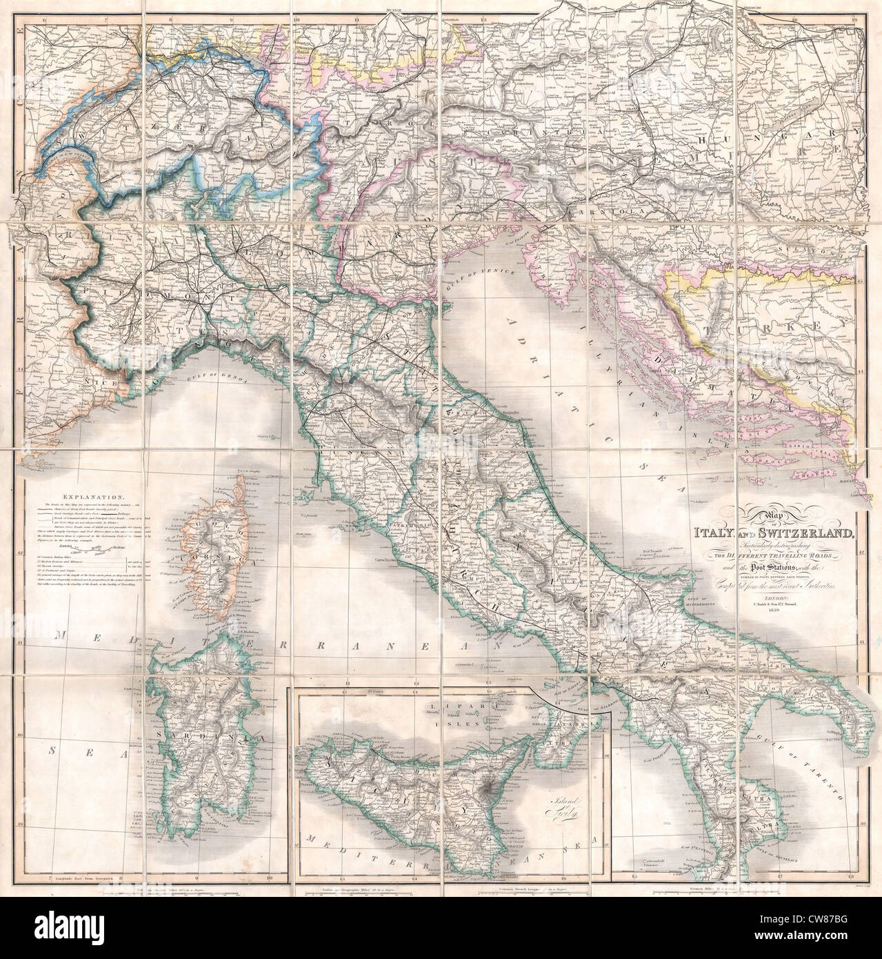 1859 Smith pieghevole Mappa di Italia e Svizzera Foto Stock