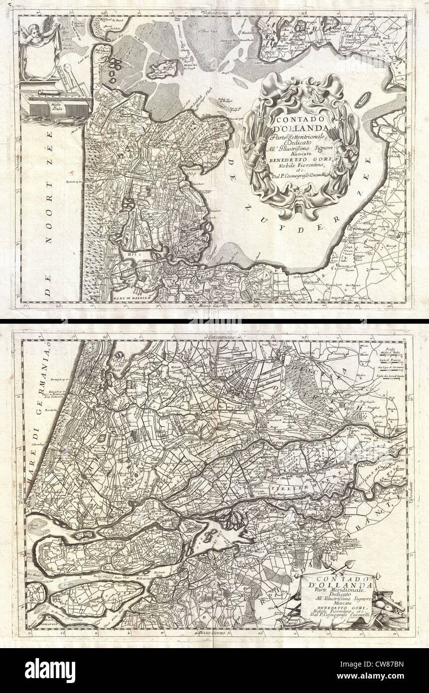 1690 Coronelli Mappa di Olanda o Paesi Bassi (2 fogli) Foto Stock