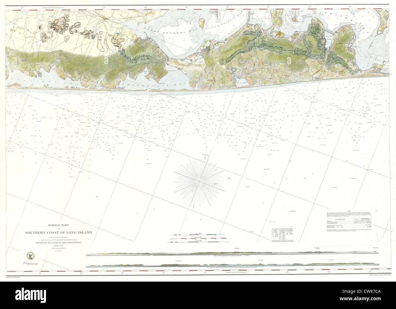 La mappa U.S.C.S. del 1856 illustra la geografia della contea di Suffolk, Southern Long Island, New York. Questa antica mappa offre informazioni sul paesaggio, gli insediamenti e le infrastrutture della zona, fornendo un prezioso resoconto storico di questa regione nella metà del XIX secolo. Foto Stock