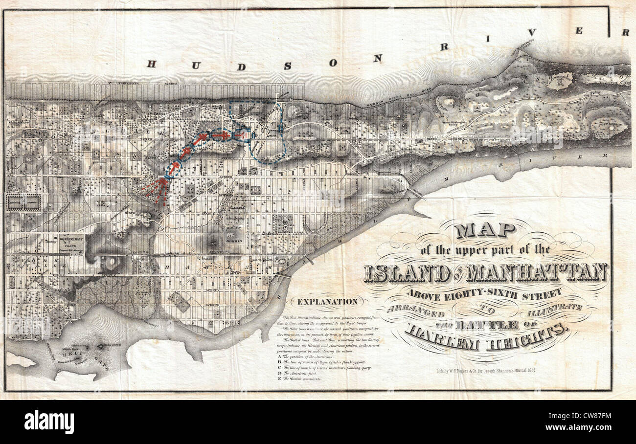 1868 Rogers Mappa di Manhattan, New York City (a nord di 86St) Foto Stock