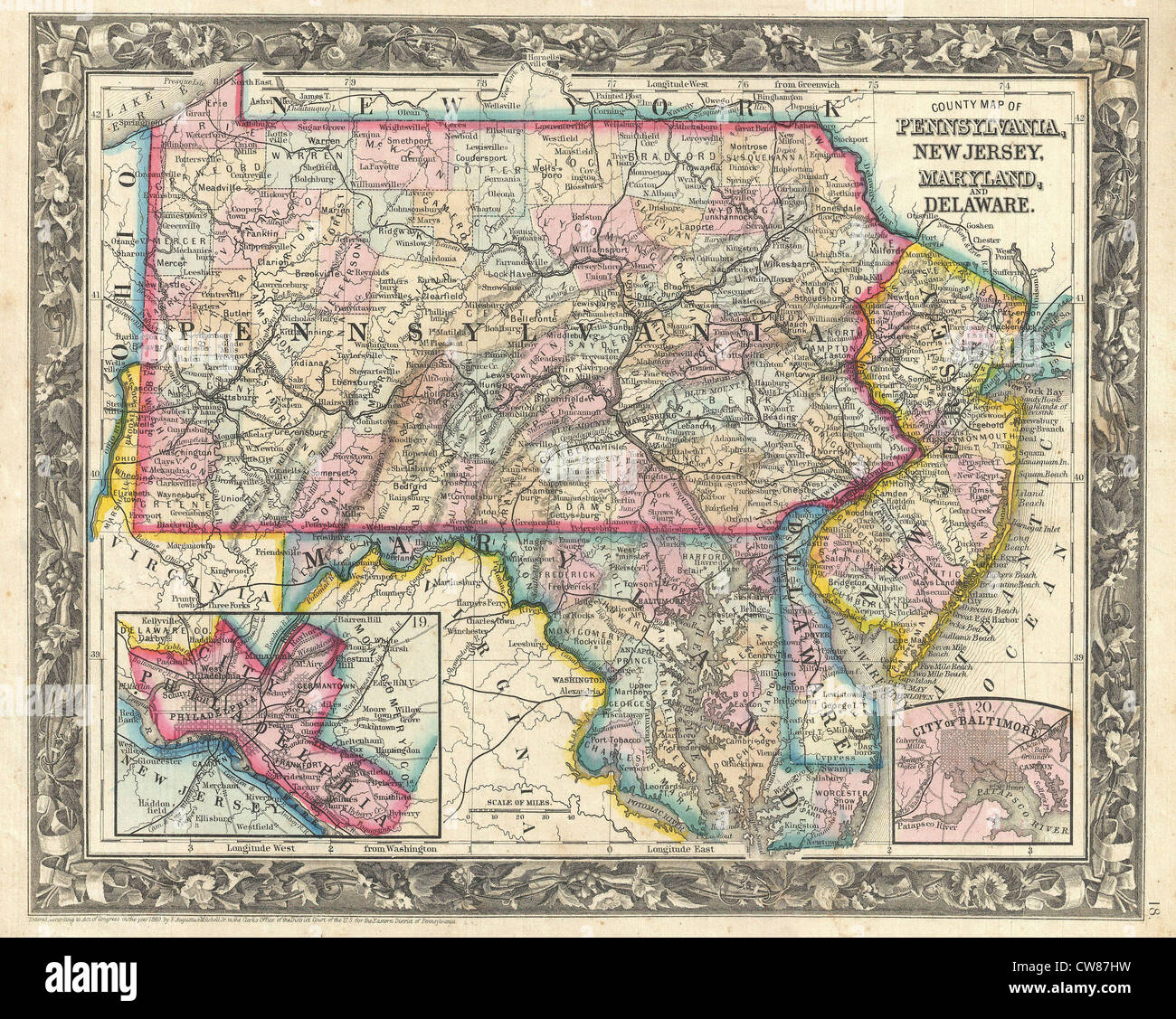 1863 Mitchell Mappa della Pennsylvania e del New Jersey, del Delaware e del Maryland Foto Stock