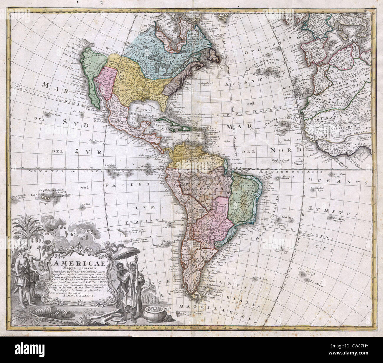 Questa antica mappa del 1846 della collezione degli eredi Homann raffigura il Nord e il Sud America. La mappa, un significativo documento storico, fornisce una visione dettagliata dei continenti durante il XIX secolo, mostrando le prime conoscenze geografiche e i confini. Foto Stock