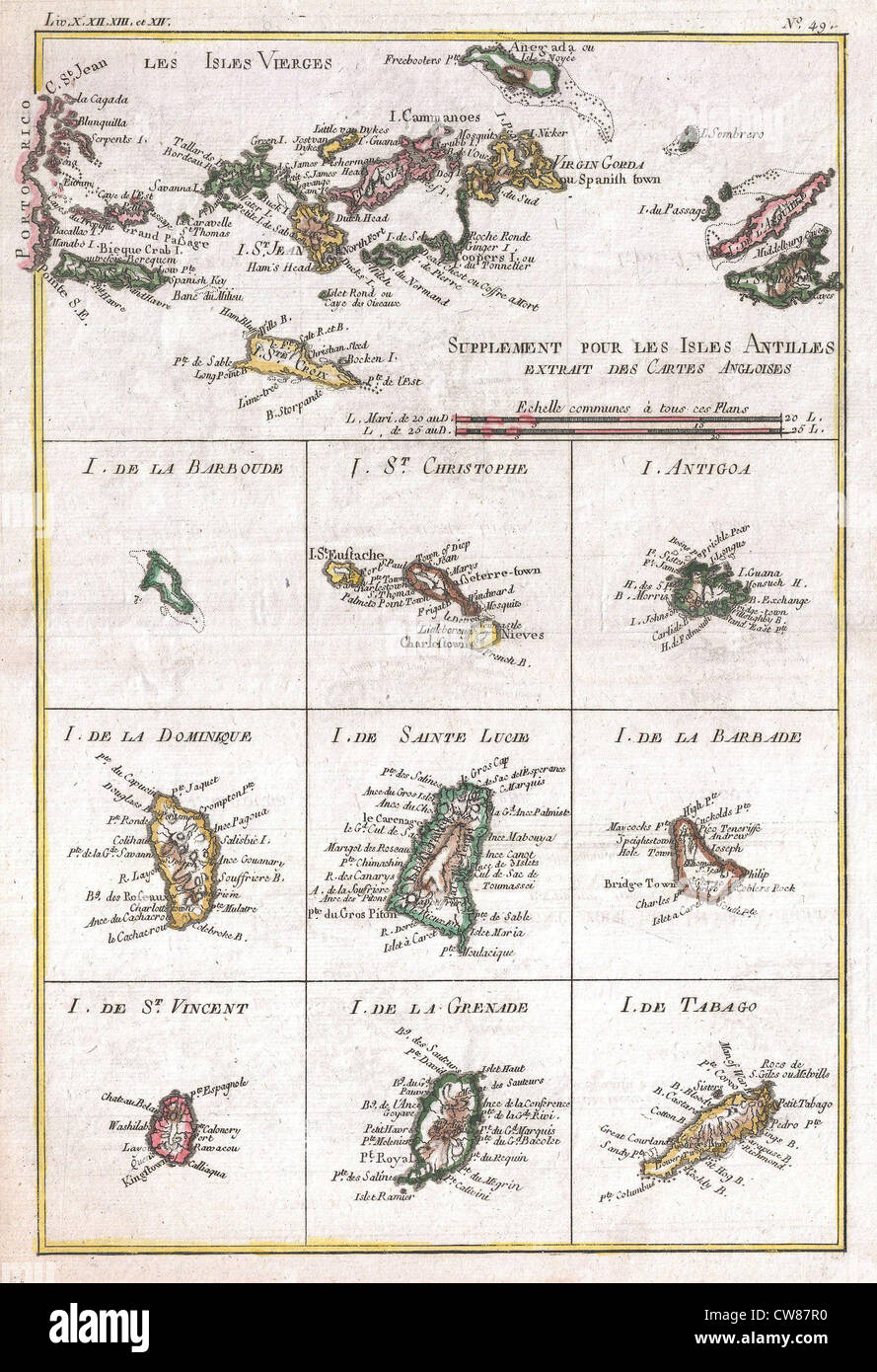 1780 Raynal e Bonne Mappa di Isole Vergini e delle Antille, West Indies Foto Stock