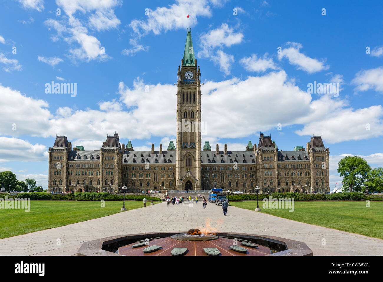 Il blocco centrale degli edifici del Parlamento sulla Collina del Parlamento con fiamma Centennial in primo piano, Ottawa, Ontario, Canada Foto Stock
