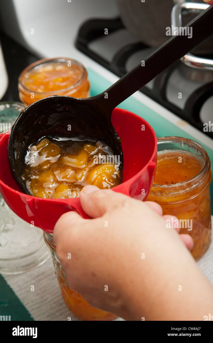 Riempimento di vasetti di casa conserve di confettura di pesche. Foto Stock