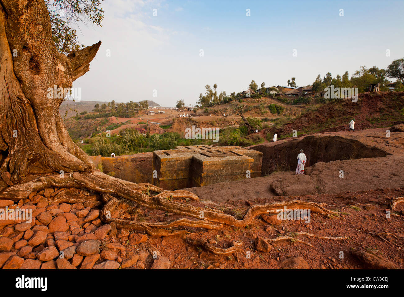 Bet Giyorgis scavato nella roccia chiesa all'alba Lalibela in Etiopia. Foto Stock