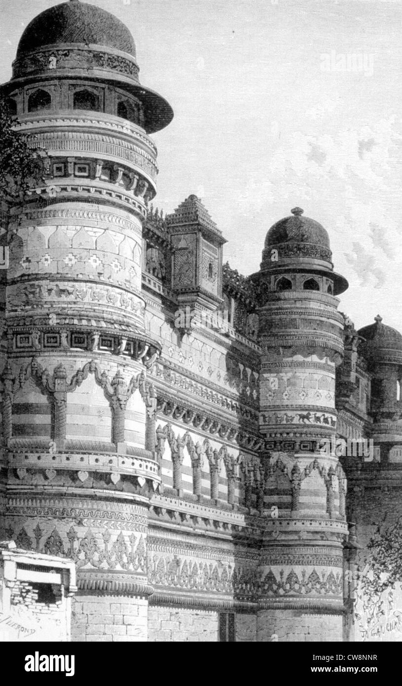 Facciata laterale del re Pal's Palace, nella fortezza di Gwalior Foto Stock