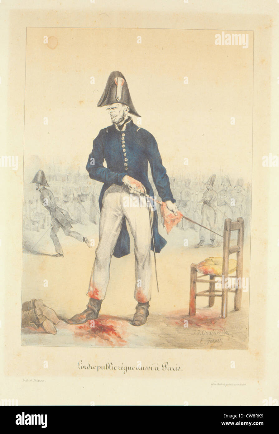 Litografia Caricatural Grandville : ordine pubblico regna anche a Parigi Foto Stock