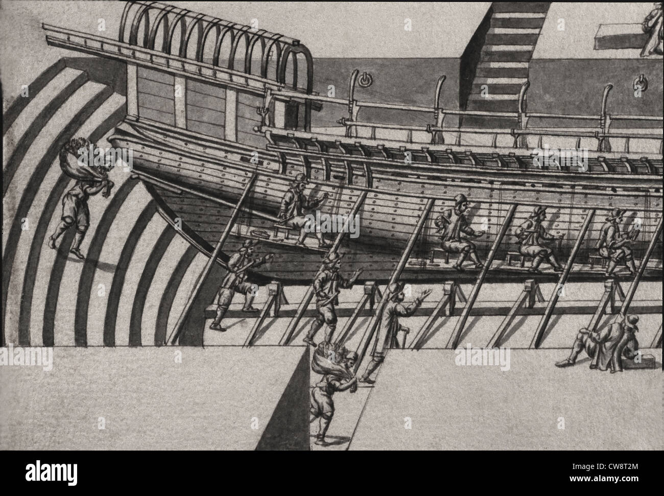 Descrizione geometrica tutte le parti incluse nella costruzione galley Debenat incisione Foto Stock