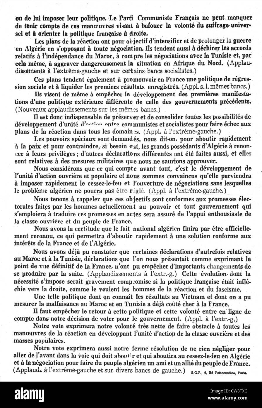 Partito Comunista Francese tratto spiegando voto comunista in favore di governo- Foto Stock