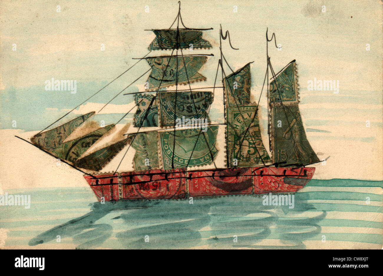 Acquerello + collage di francobolli: Barca Foto Stock