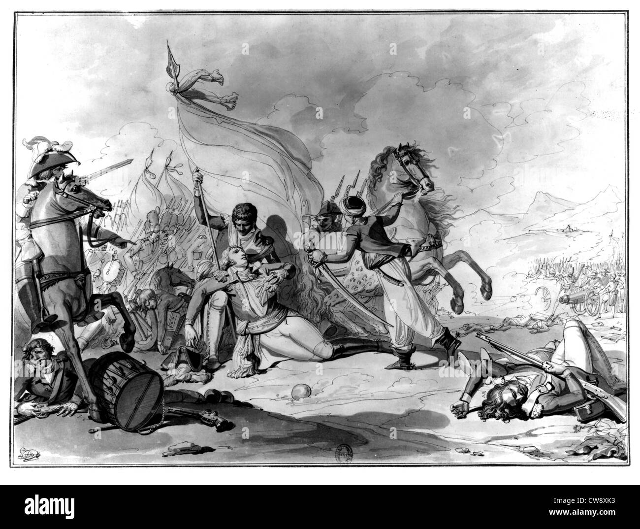 Disegno di lavaggio Lafitte morte del generale Desaix a Marengo Foto Stock