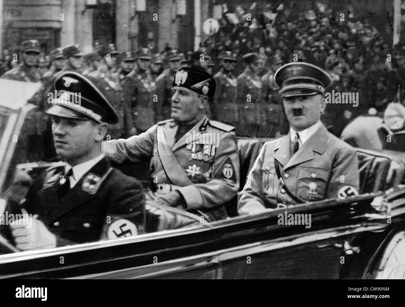 Mussolini Hitler dopo il Duce dell'arrivo a Monaco di Baviera (1937) Foto Stock