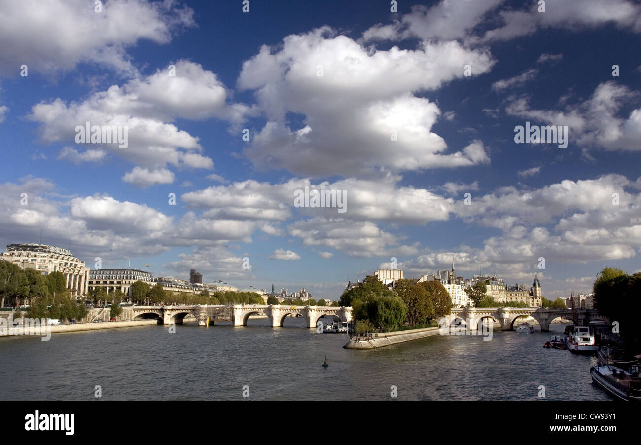 Parigi, con la sua vista panoramica ponte Pont Neuf e l'Ile de la Cite Foto Stock