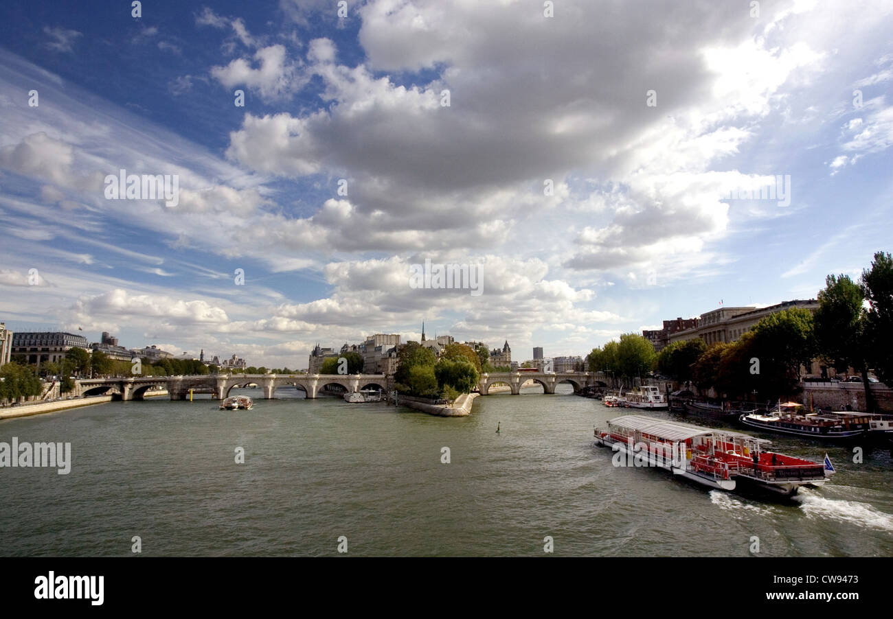 Parigi, con la sua vista panoramica ponte Pont Neuf e l'Ile de la Cite Foto Stock