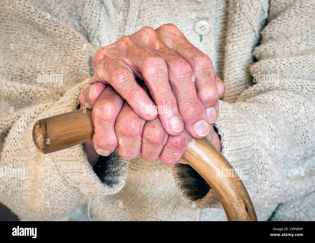 Artritici maturo mani di una signora anziana, con Articolazioni gonfie, a riposo su un bastone da passeggio. Regno Unito Foto Stock