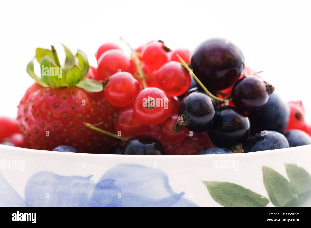 Una ciotola di colorati misti di frutti di bosco estivi contro uno sfondo bianco. Foto Stock