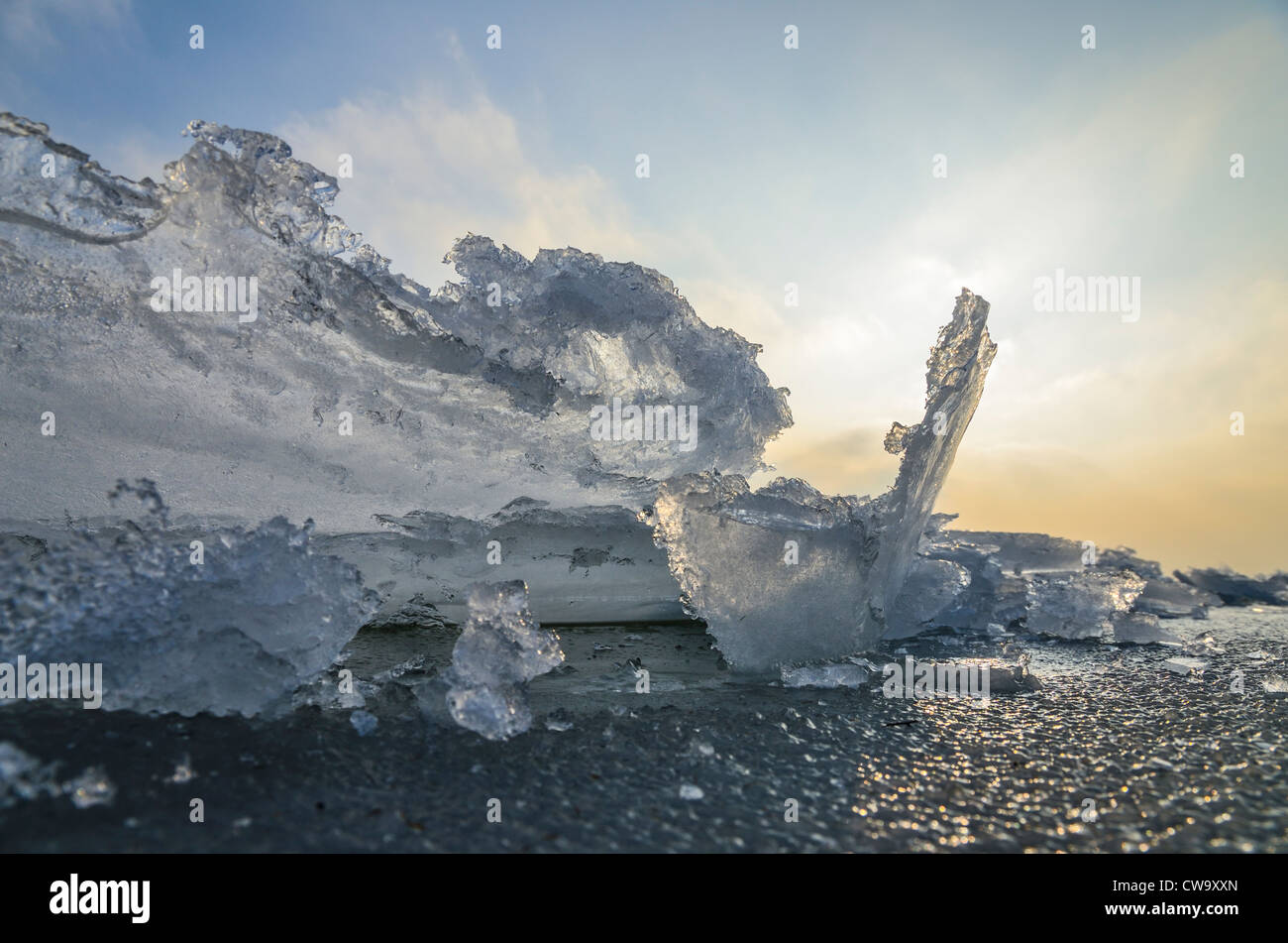 Chiudere macro shot di ghiaccio strutture formate sul Lago Neusiedl mentre comletely congelati. Cielo di nuvole di luce. Foto Stock