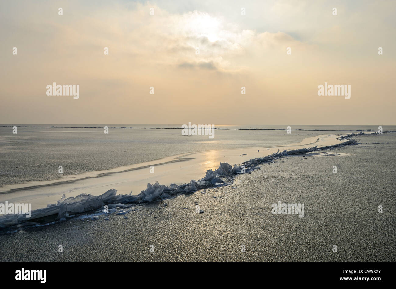 Lago ghiacciato di Neusiedl formare ghiaccio paesaggio. Sparato contro il sun. Foto Stock