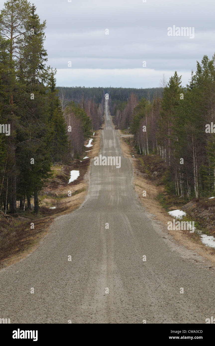 La strada che attraversa la foresta nella regione della Karelia, Finlandia Foto Stock