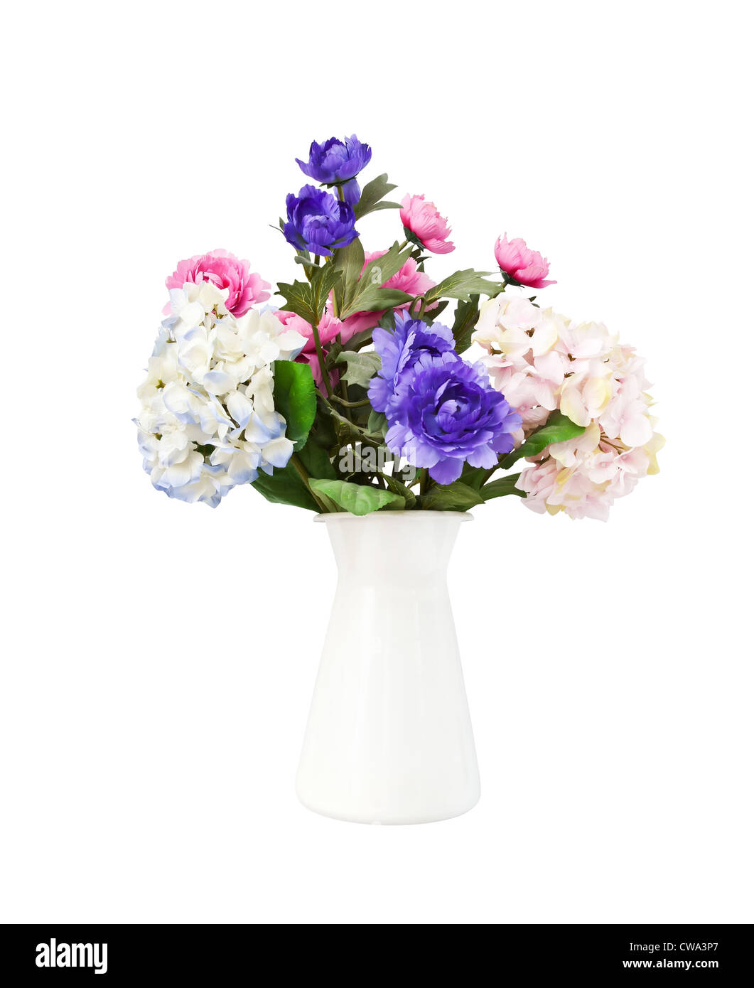 Bouquet colorato di rosa e fiori di colore blu in bianco benna decorativi Foto Stock