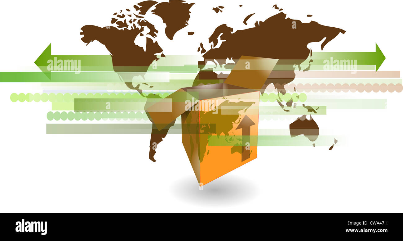 Cartone scatola di spedizione con word mappa per la navigazione internazionale Foto Stock