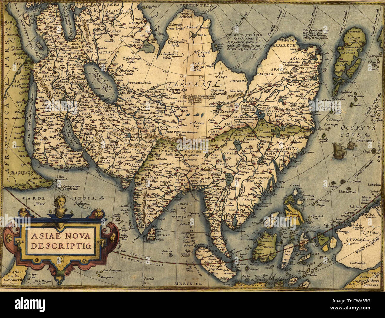 1570 Mappa di Asia, da Abraham Ortelius' Atlas, 'Theatrvm orbis terrarvm'(Epitome del teatro del Worlde). Foto Stock