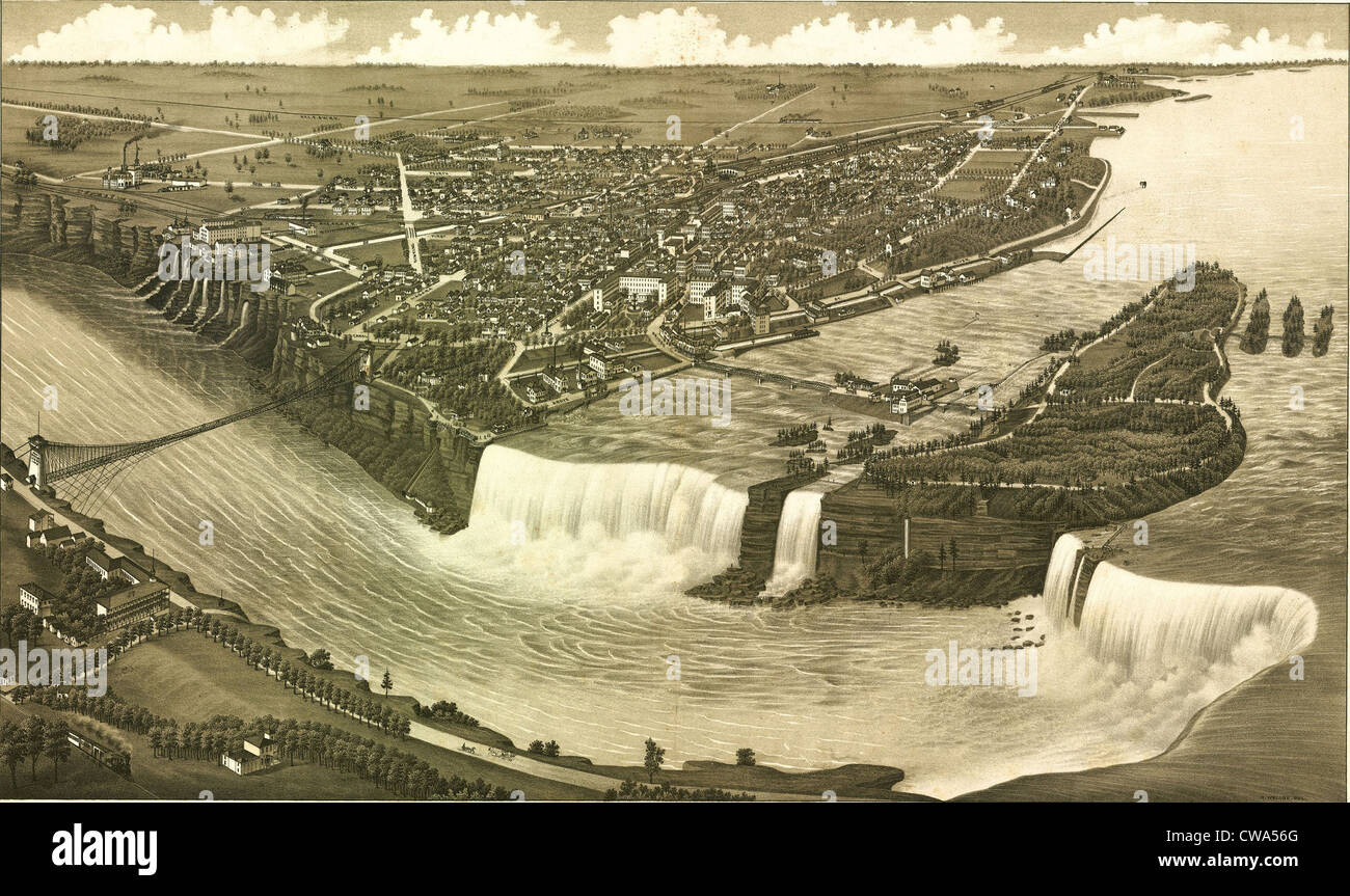 Cascate del Niagara, con fabbriche che utilizzano il fiume il potenziale idroelettrico, e acqua di un fiume che scorre da canali artificiali in Foto Stock