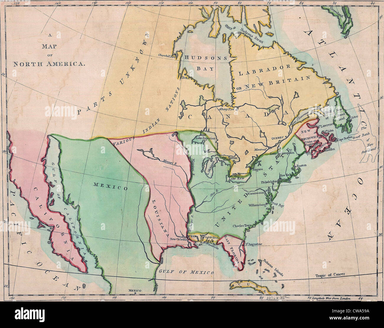1803 mappa di North American che mostra le divisioni principali da europee nazionali possesso. Foto Stock