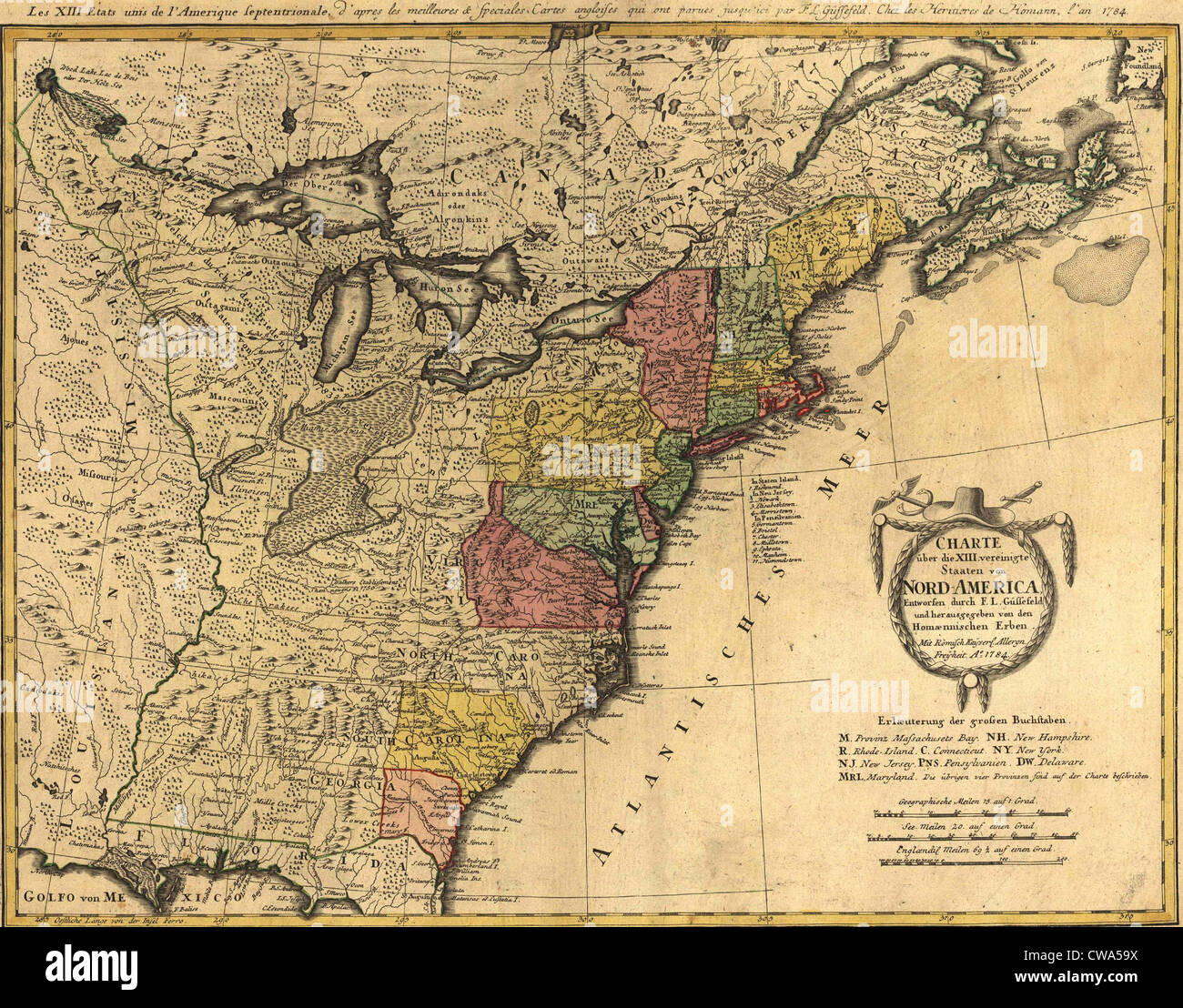 Mappa che mostra la recente indipendenza degli Stati Uniti nel 1784 dopo il 1783 trattato di Parigi. Noi territorio esteso per il Foto Stock