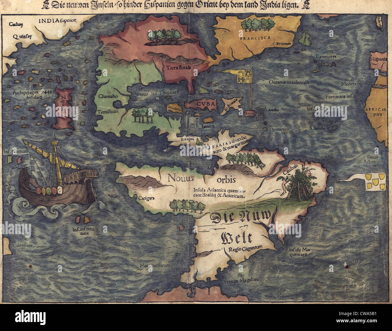1550 Swiss Map alla scoperta di nuovi emisfero occidentale. Il Mar dei Caraibi è sproporzionatamente grande, la maggior parte del Nord America è Foto Stock