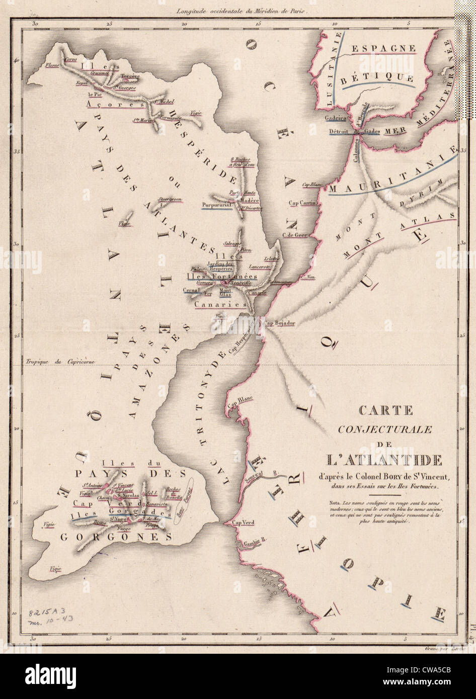 Xix secolo mappa raffigurante una posizione ipotizzata del continente immaginario di Atlantide della costa del Nord Africa. Foto Stock