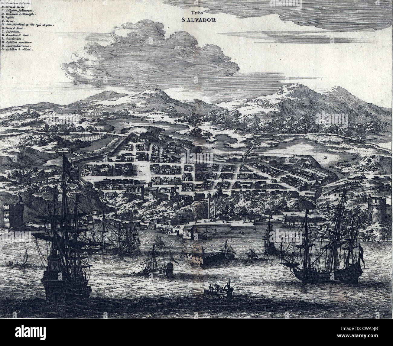 1671 vista di Salvador, Brasile,mostra una città costruita su un modello europeo, con le mura della città, Street palnning e impianti portuali. Foto Stock