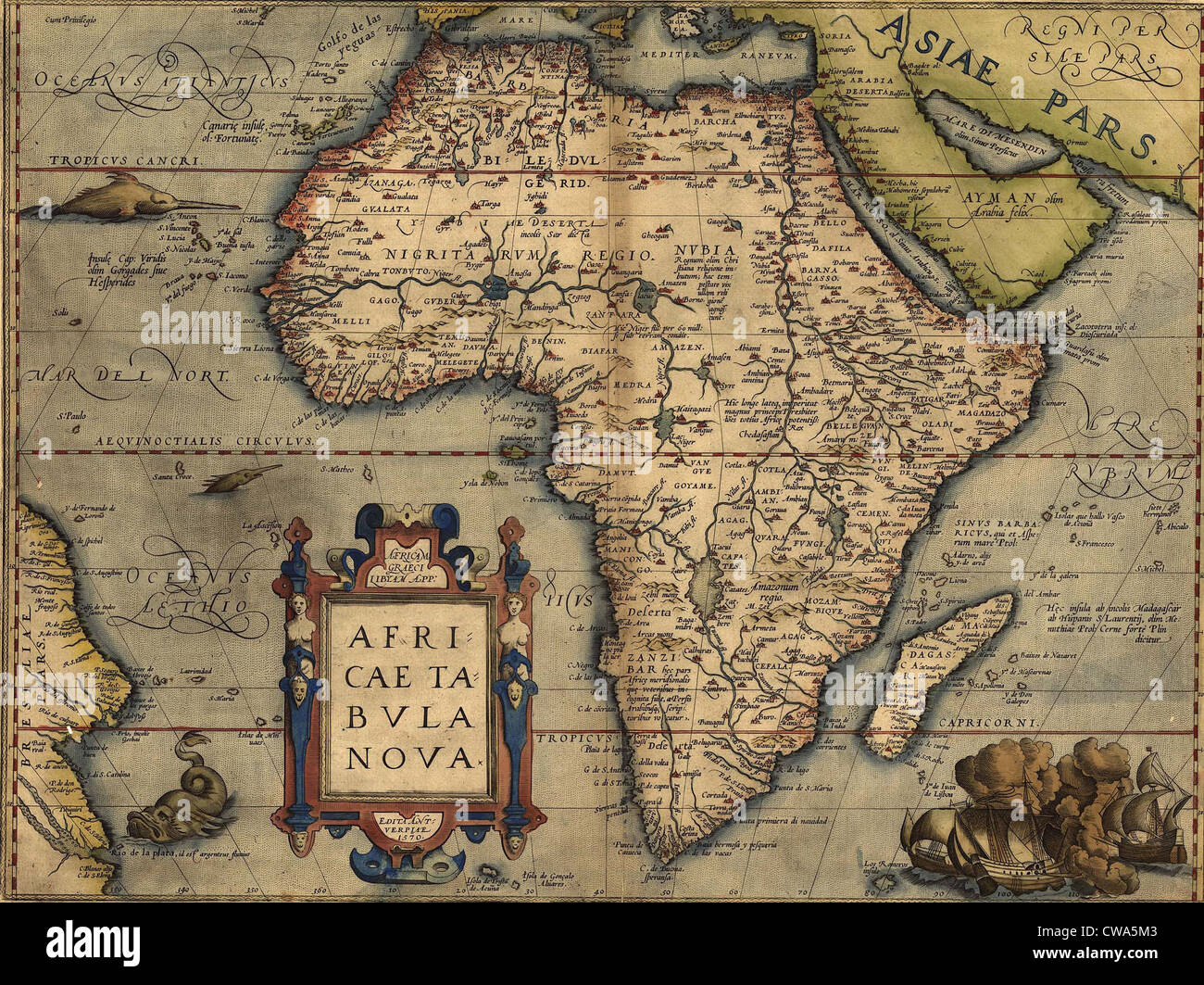 1570 Mappa di Africa da Abraham Ortelius. Mappa mostra nomi di luogo,insediamenti,fiumi, laghi, montagne, coste e isole. Sud Foto Stock