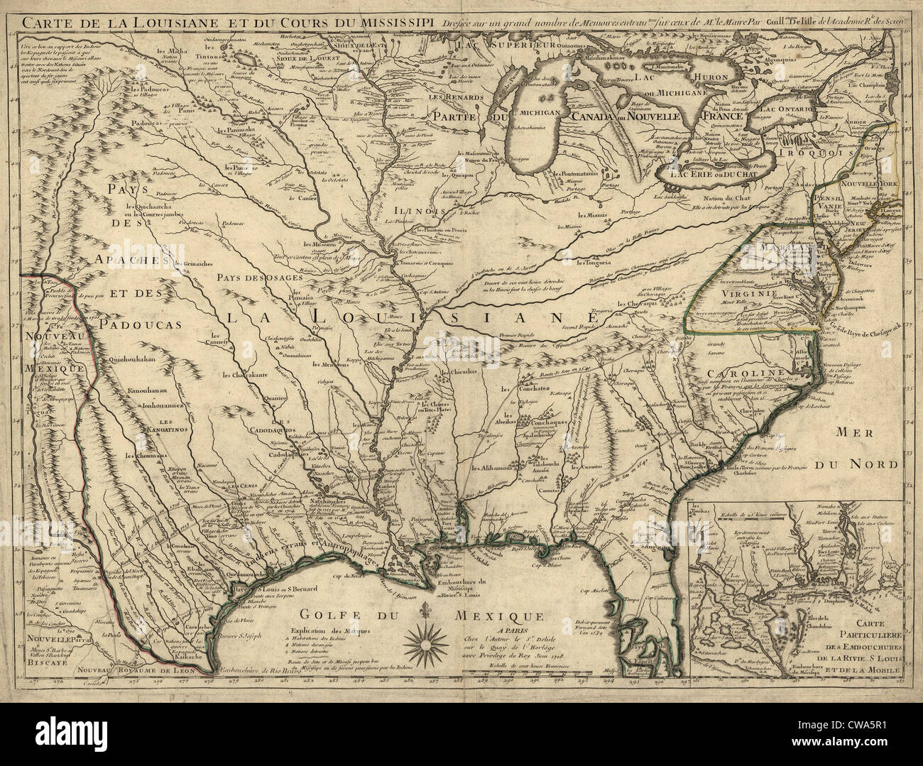 1718 Mappa Francese del Nord America che mostra il fiume Mississippi regione, posizioni dei nativi americani, insediamenti e la Foto Stock