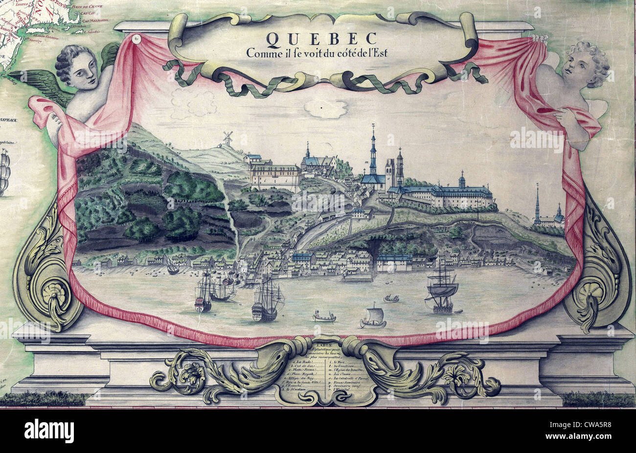 Vista della città di Québec sul fiume San Lorenzo, in un 1688 Mappa del Nord America. Foto Stock