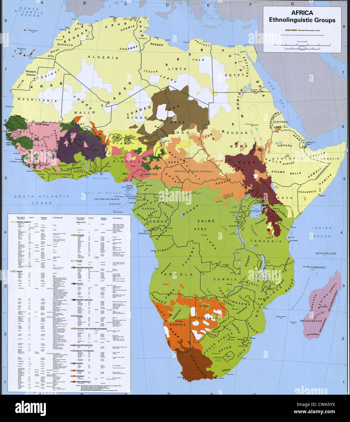 Mappa che mostra l'etnologia e gruppi linguistici dell Africa che sono in conflitto con i confini nazionali, sulla base della colonizzazione europea. Foto Stock
