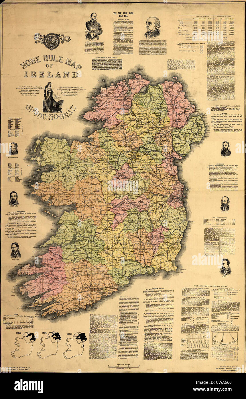 Mappa di Irlanda sostenendo il 1893 'Home Rule Bill poi in esame dal Parlamento Britannico. Mappa mostra bill è sponsor, Foto Stock