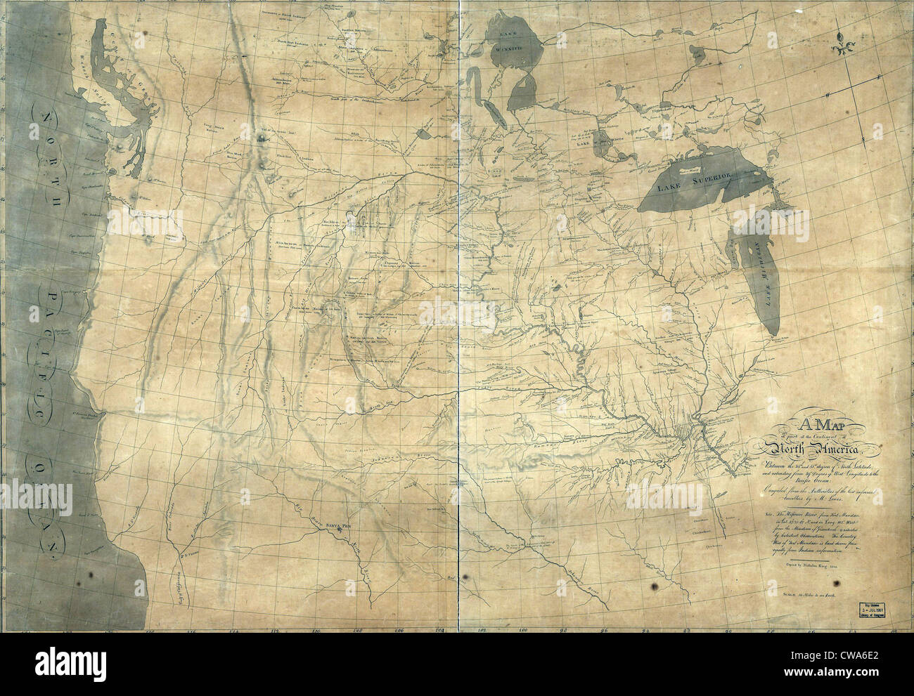 1805 Lewis e Clark mappa di parte del continente Nord America compilato da informato i viaggiatori. Mappa copre nord occidentale Foto Stock