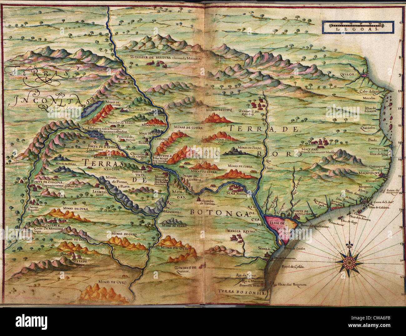 Il portoghese mappe che mostrano le viste di dettaglio della provincia di Zambezia (presente giorno Mozambico )in Africa Orientale da un 1630 atlas. Foto Stock