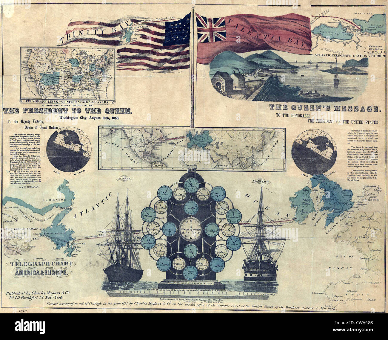 Manifesto commemorativo la celebrazione nel 1858 del nuovo cavo Atlantico con il testo dei messaggi telegrafici tra Gran Bretagna Foto Stock