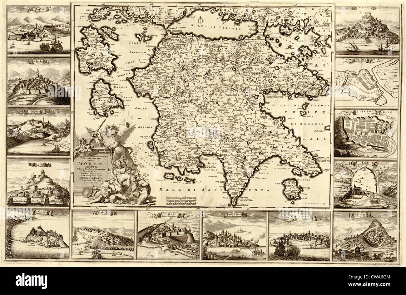 1688 mappa della penisola Peloponneso meridionale della Grecia. Confini mappa contengono delle incisioni di città fortificata viste, parte del Foto Stock