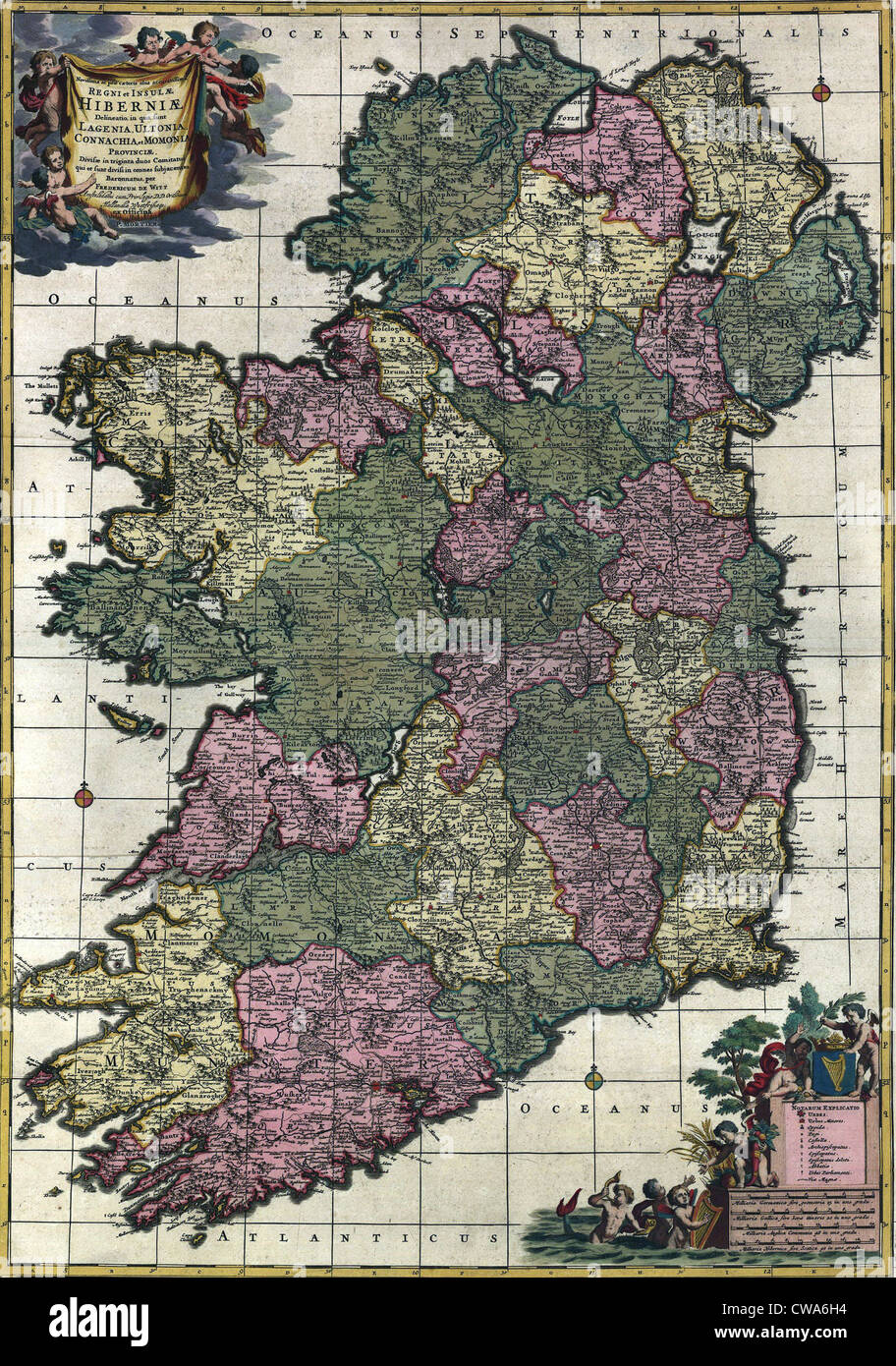 Mappa di Irlanda dal XVIII secolo, che mostra le contee, quando tutti Irlanda era sotto la dominazione britannica. Foto Stock