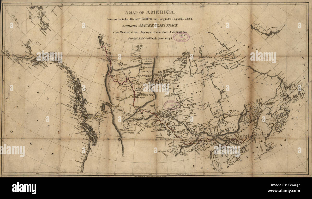 Un 1801 Mappa del Nord America che mostra Alexander Mackenzie è via da Montreal a Fort Chipewyan, al mare del Nord, poi a Foto Stock