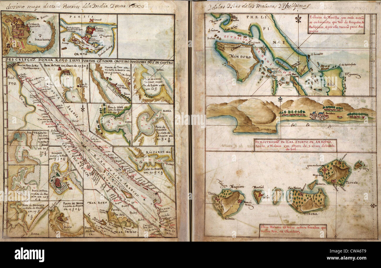 1630 mappa portoghese dell'Asia, che mostra la costa in grande dettaglio raccolte da un secolo di esplorazioni portoghesi in Asia. Foto Stock