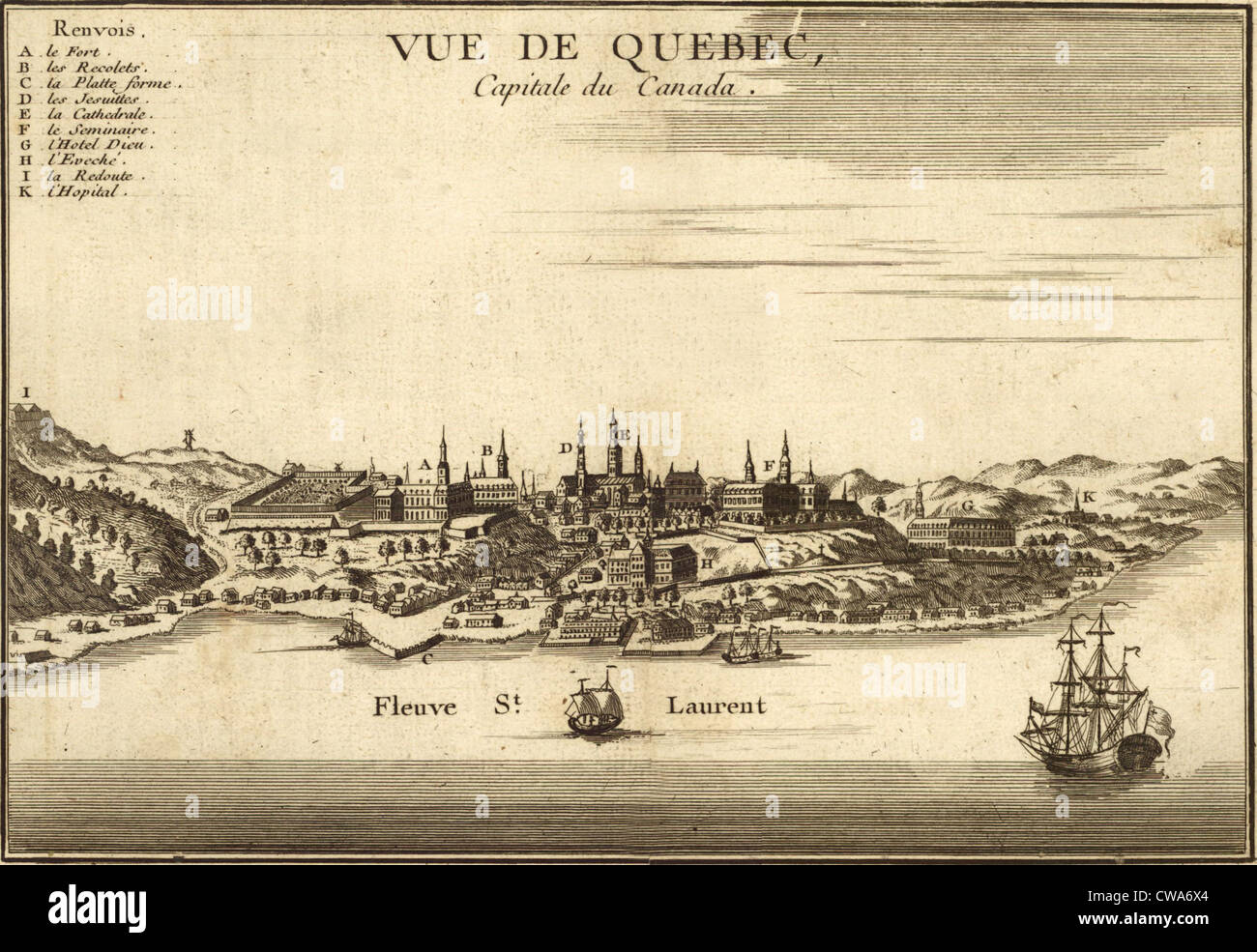 Metà del xviii secolo vista del Quebec, la capitale del Canada, che mostra lo sviluppo edilizio sulla pianura del fiume San Lorenzo. Foto Stock